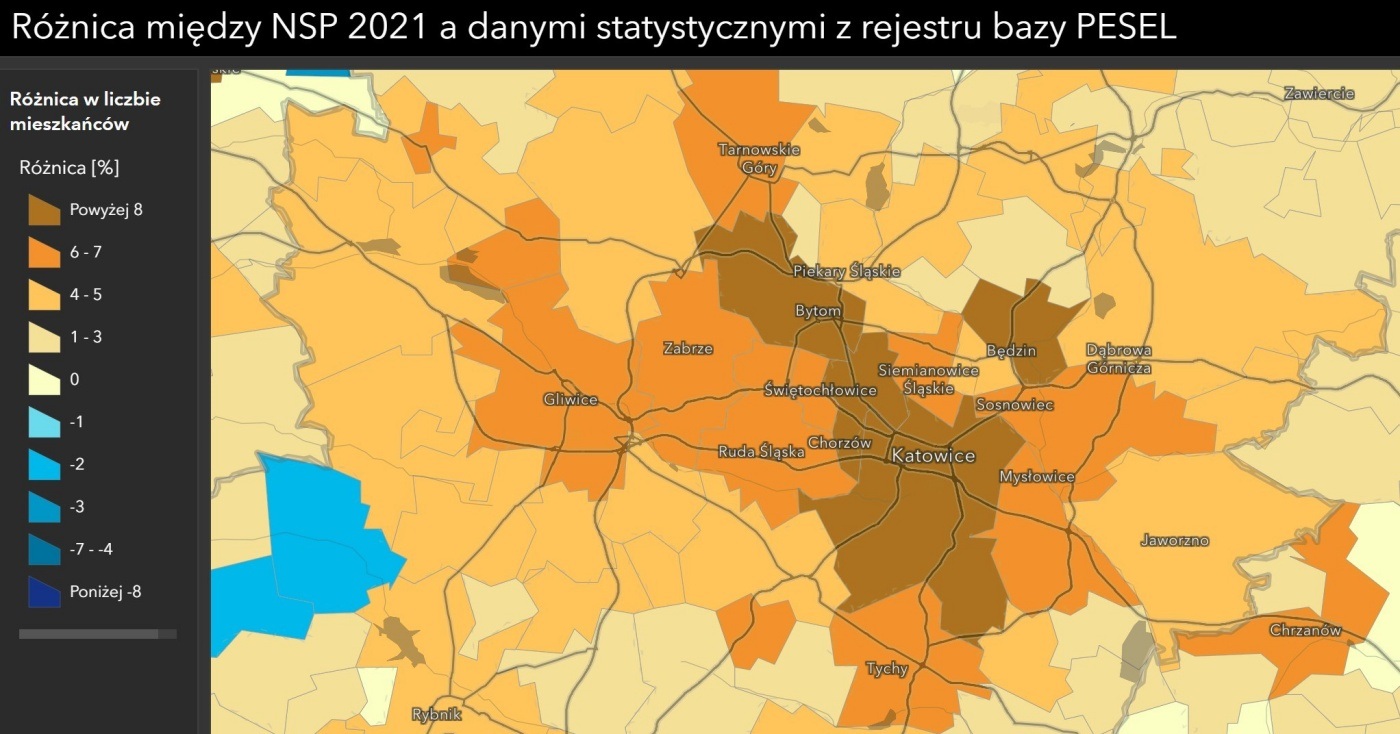 Różnice między danymi z bazy PESEL a NSP 2021. Mat. IRMiR