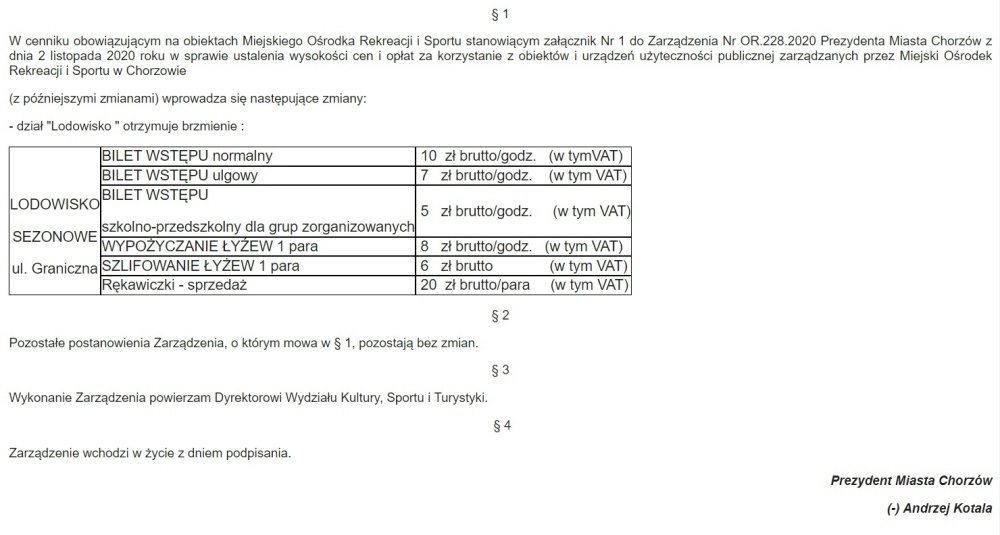 Zarządzenie prezydenta Chorzowa ws. cennika lodowiska sezonowego